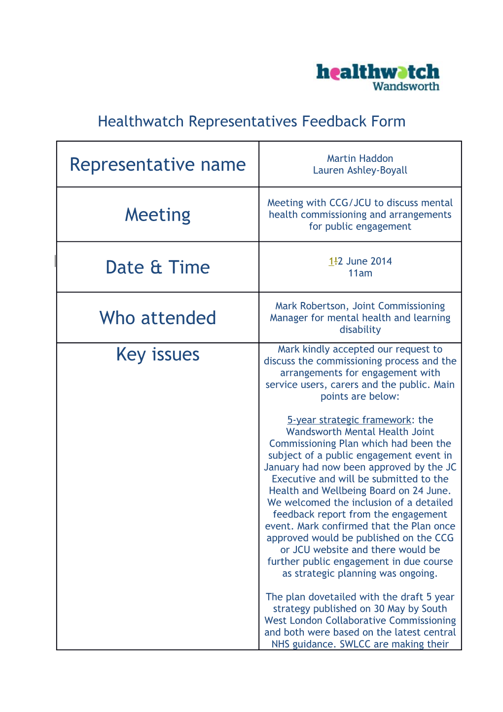 Healthwatch Representatives Feedback Form