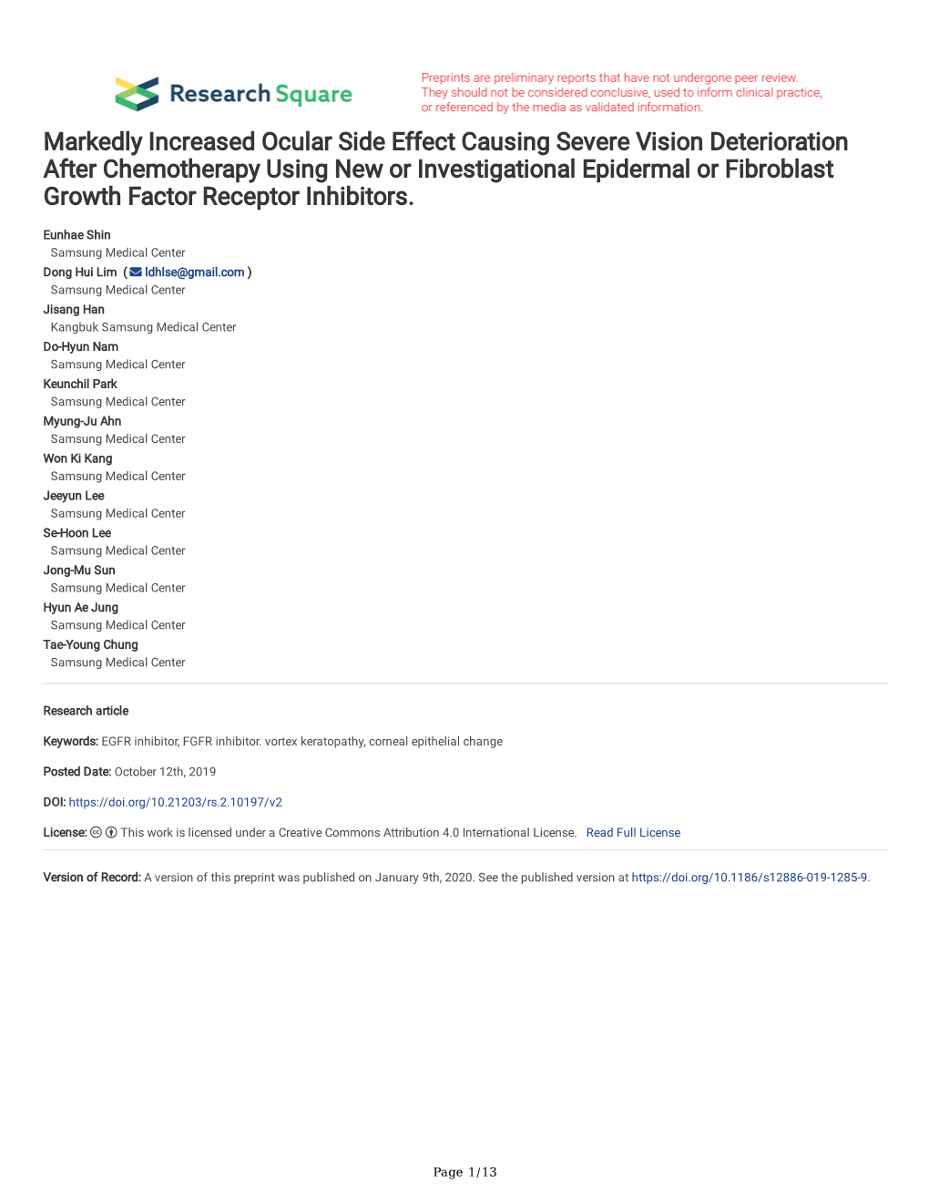 Markedly Increased Ocular Side Effect Causing Severe Vision Deterioration After Chemotherapy Using New Or Investigational Epider