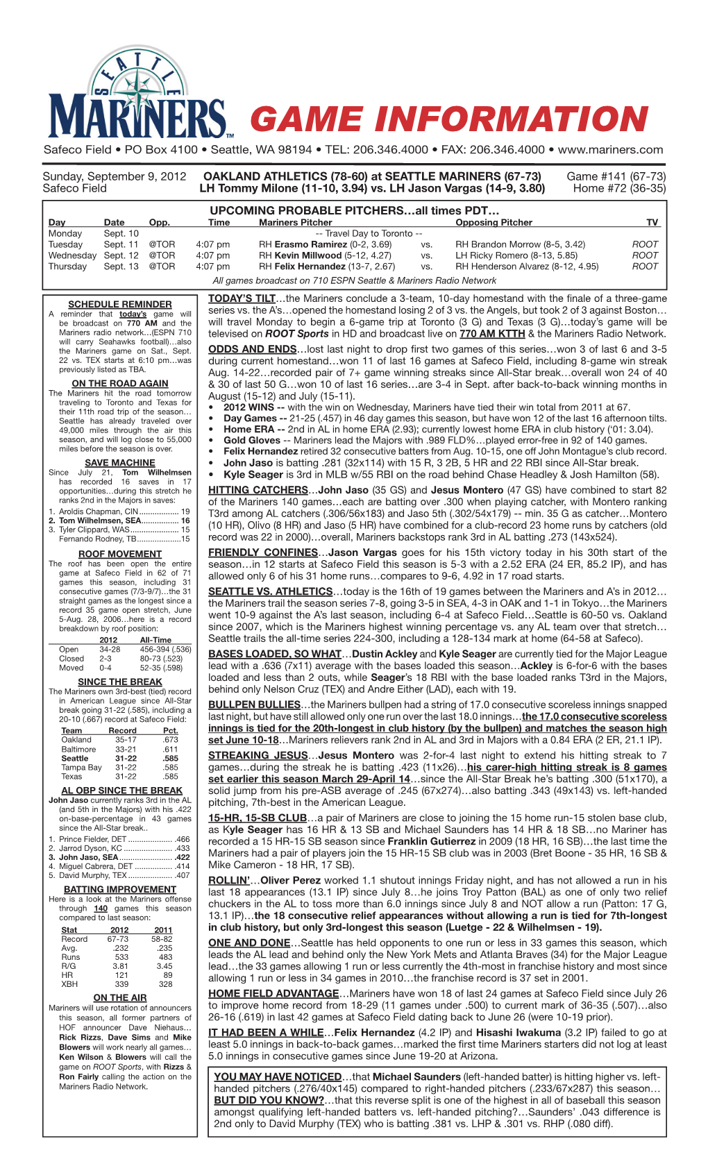 Mariners Game Notes • Sunday • September 9, 2012 • Vs