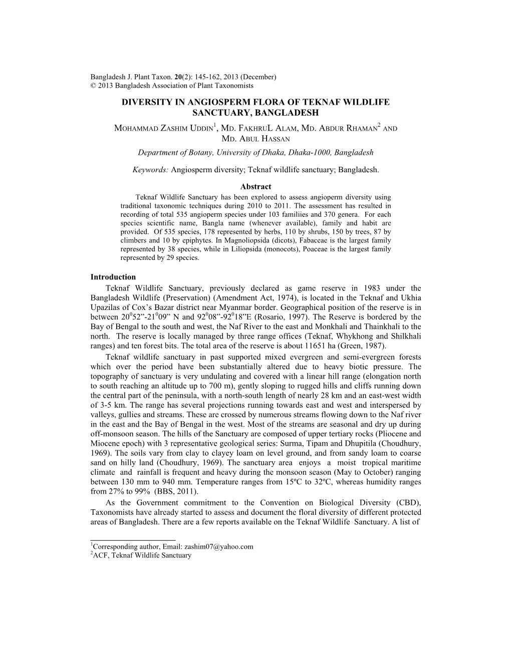 Diversity in Angiosperm Flora of Teknaf Wildlife Sanctuary, Bangladesh