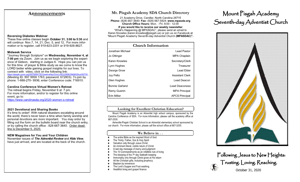 Announcements Mount Pisgah Academy Seventh-Day Adventist