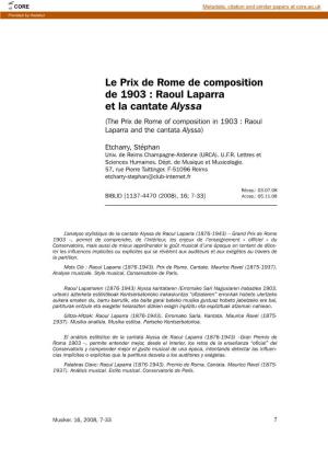Le Prix De Rome De Composition De 1903: Raoul Laparra Et La Cantate