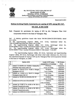 Notice Inviting Public Comments on Laying of OFC Along NH-167, NH-365, & NH-365B