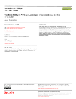 The Invisibility of Privilege: a Critique of Intersectional Models of Identity Anna Carastathis
