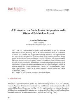 A Critique on the Social Justice Perspectives in the Works of Friedrich A. Hayek