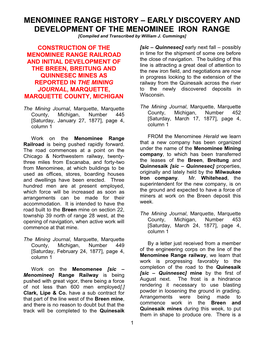 EARLY DISCOVERY and DEVELOPMENT of the MENOMINEE IRON RANGE [Compiled and Transcribed by William J