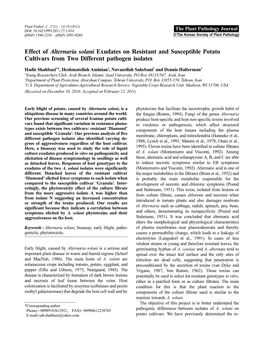 Effect of Alternaria Solani Exudates on Resistant and Susceptible Potato