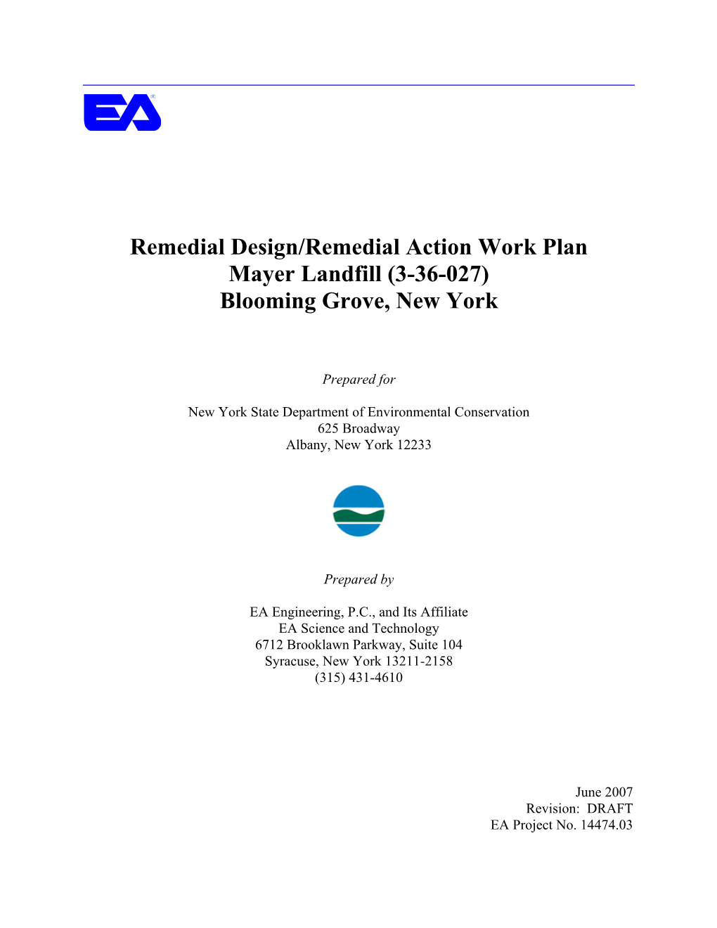 Remedial Design/Remedial Action Work Plan Mayer Landfill (3-36-027) Blooming Grove, New York