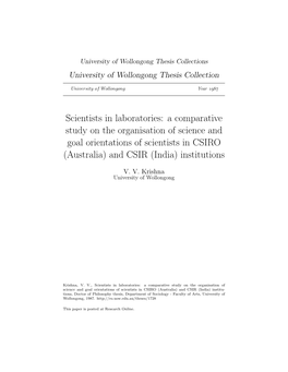 Scientists in Laboratories: a Comparative Study on the Organisation of Science and Goal Orientations of Scientists in CSIRO (Australia) and CSIR (India) Institutions