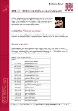 BMF 32 - Plasticizers: Phthalates and Adipates