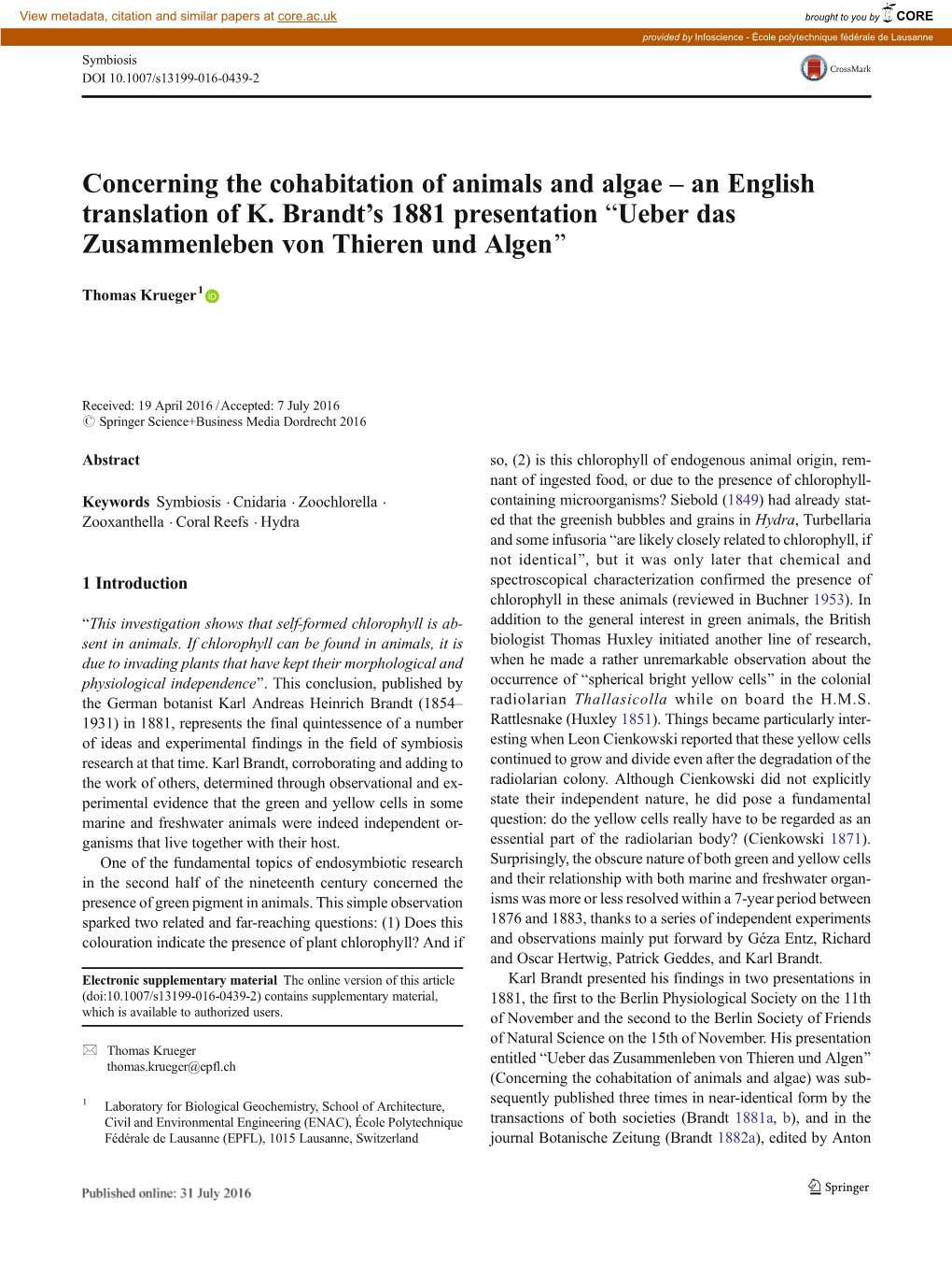 Concerning the Cohabitation of Animals and Algae – an English Translation of K