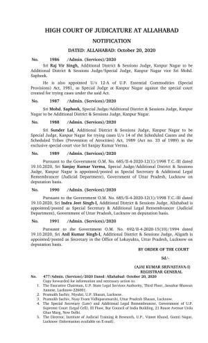 HIGH COURT of JUDICATURE at ALLAHABAD NOTIFICATION DATED: ALLAHABAD: October 20, 2020