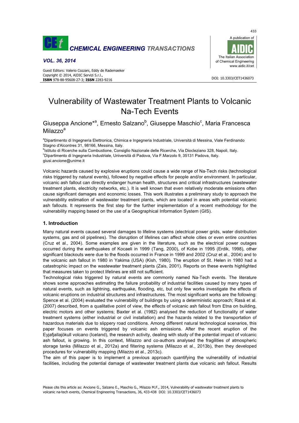 Vulnerability of Wastewater Treatment Plants to Volcanic Na-Tech Events