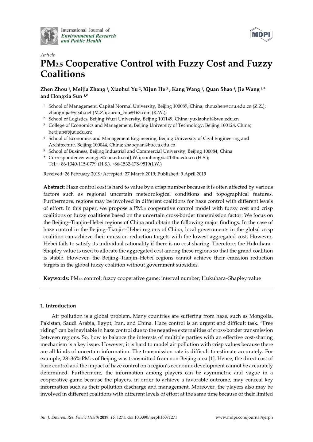 PM2.5 Cooperative Control with Fuzzy Cost and Fuzzy Coalitions