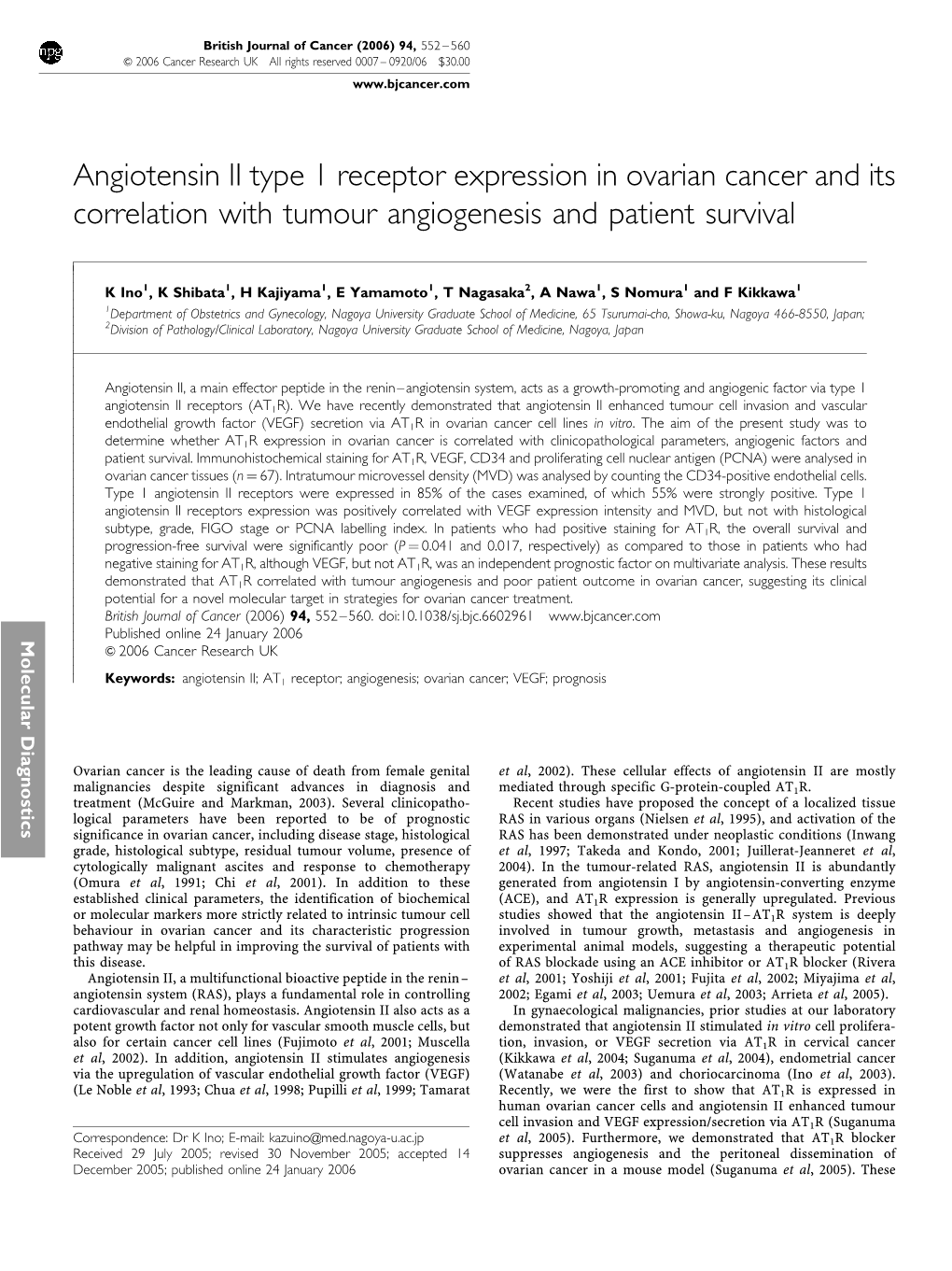 Angiotensin II Type 1 Receptor Expression in Ovarian Cancer and Its Correlation with Tumour Angiogenesis and Patient Survival