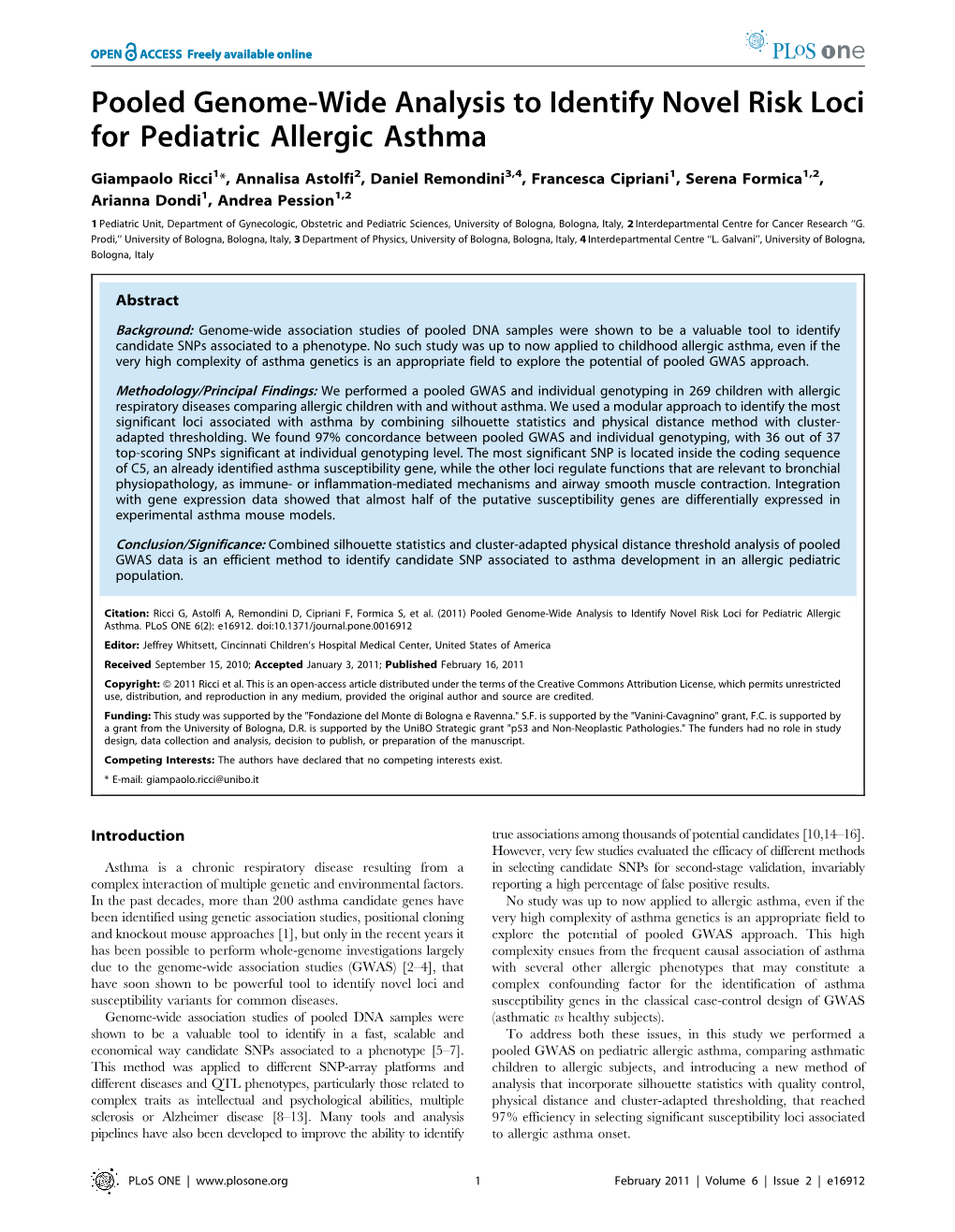 Pooled Genome-Wide Analysis to Identify Novel Risk Loci for Pediatric Allergic Asthma