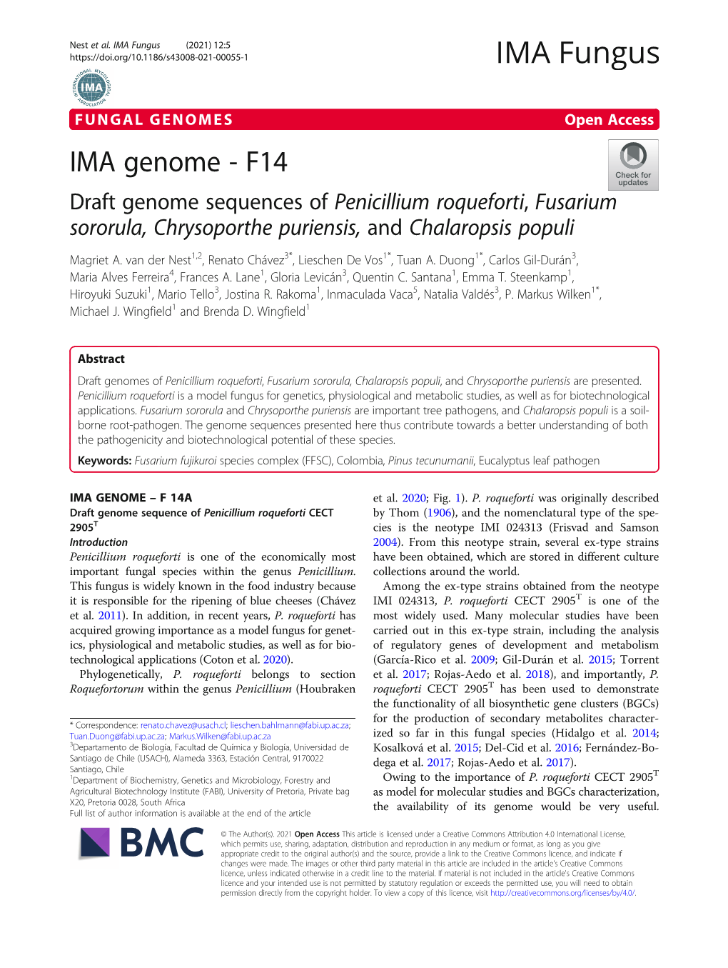 IMA Genome - F14 Draft Genome Sequences of Penicillium Roqueforti, Fusarium Sororula, Chrysoporthe Puriensis, and Chalaropsis Populi