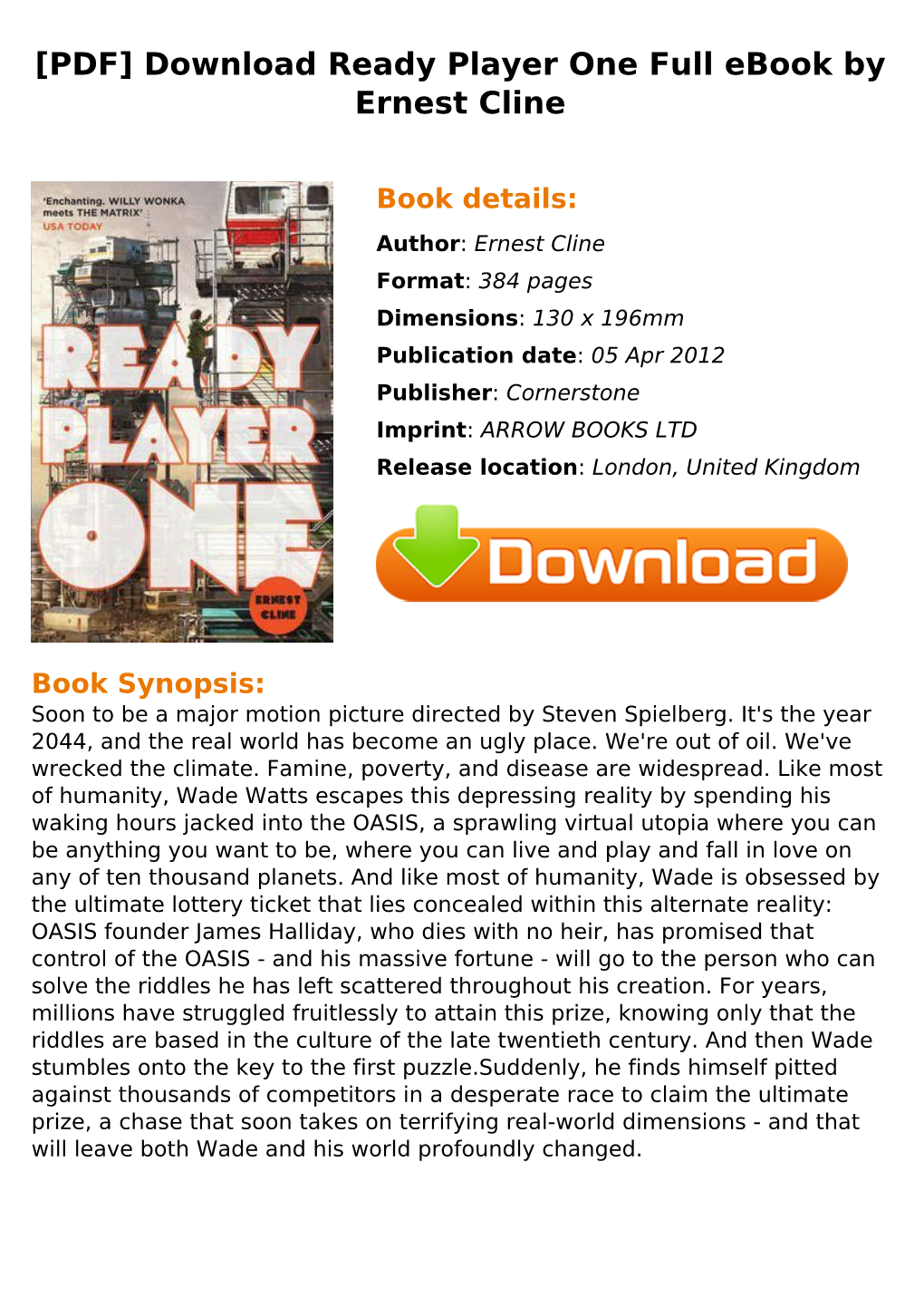 [PDF] Download Ready Player One Full Ebook by Ernest Cline