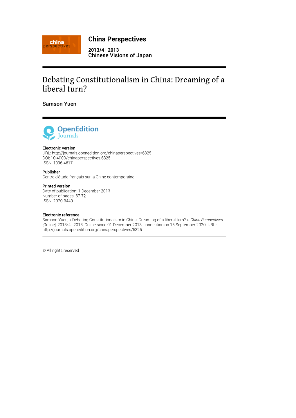 Debating Constitutionalism in China: Dreaming of a Liberal Turn?