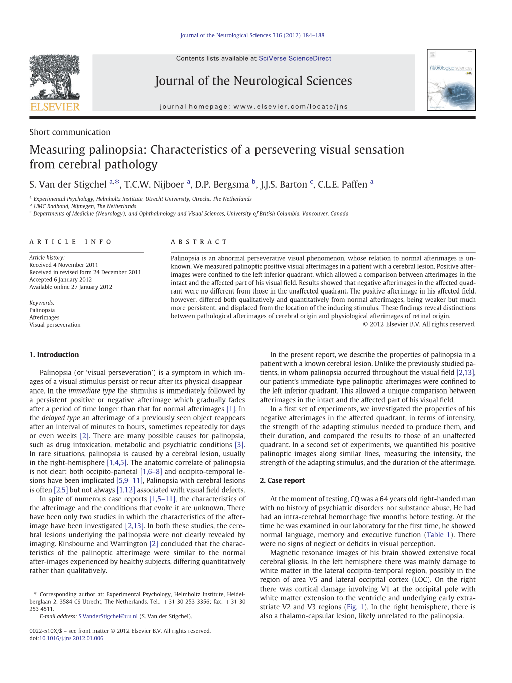 Measuring Palinopsia: Characteristics of a Persevering Visual Sensation from Cerebral Pathology