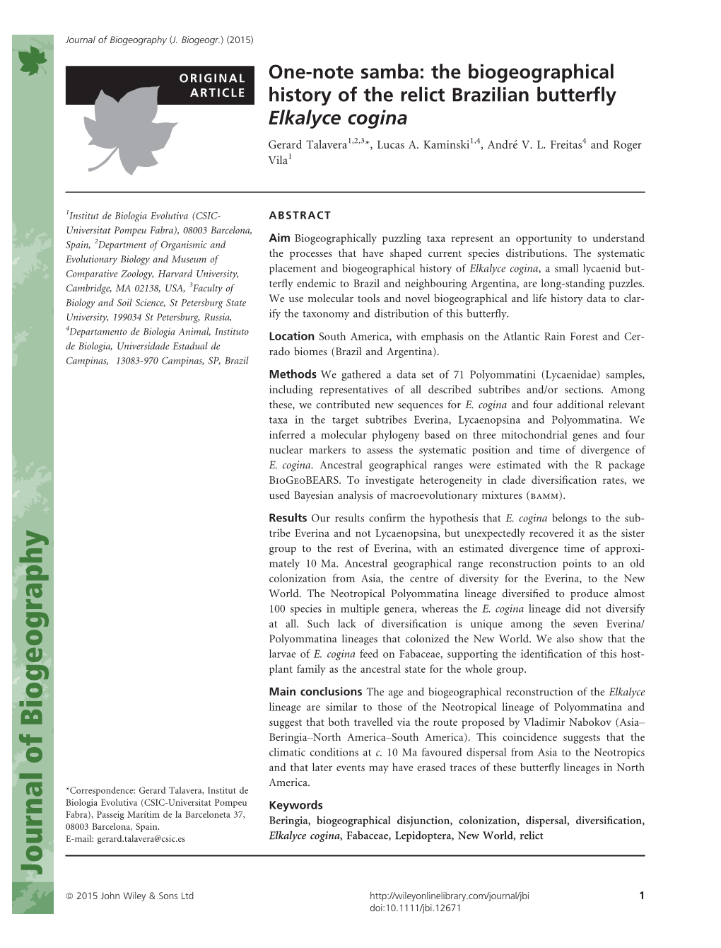 One-Note Samba: the Biogeographical History of the Relict Brazilian Butterfly