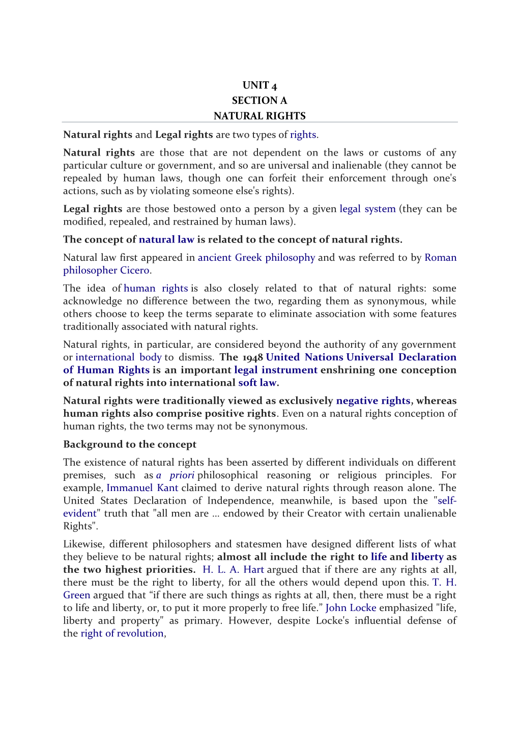 UNIT 4 SECTION a NATURAL RIGHTS Natural Rights and Legal Rights Are Two Types of Rights