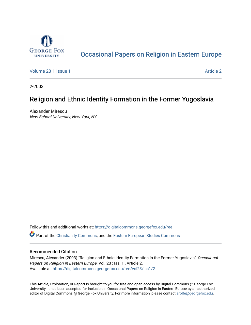 Religion and Ethnic Identity Formation in the Former Yugoslavia
