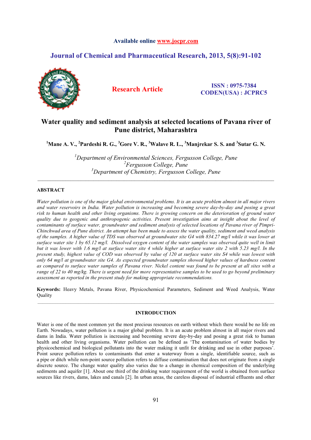 Water Quality and Sediment Analysis at Selected Locations of Pavana River of Pune District, Maharashtra