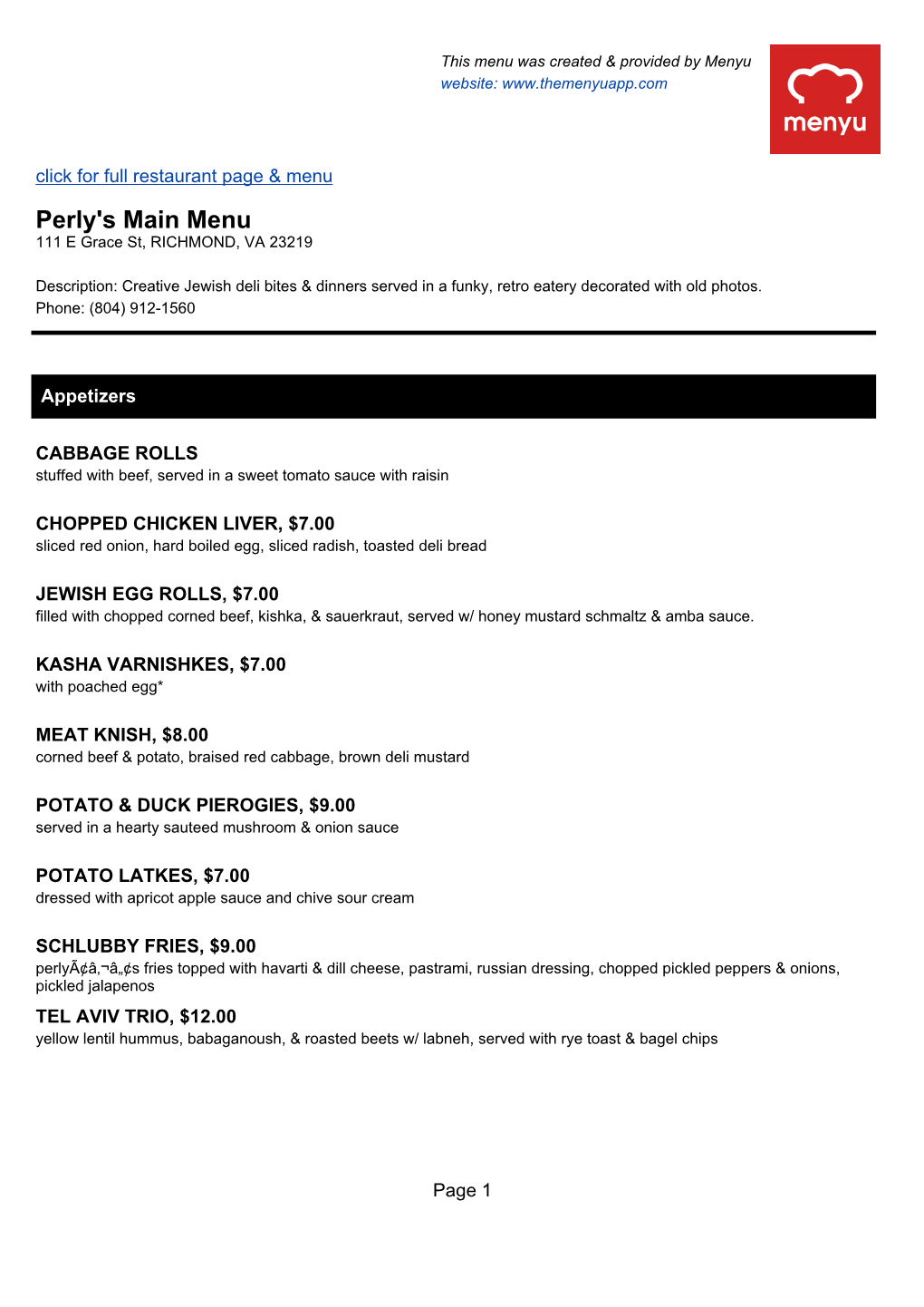 Perly's Main Menu 111 E Grace St, RICHMOND, VA 23219