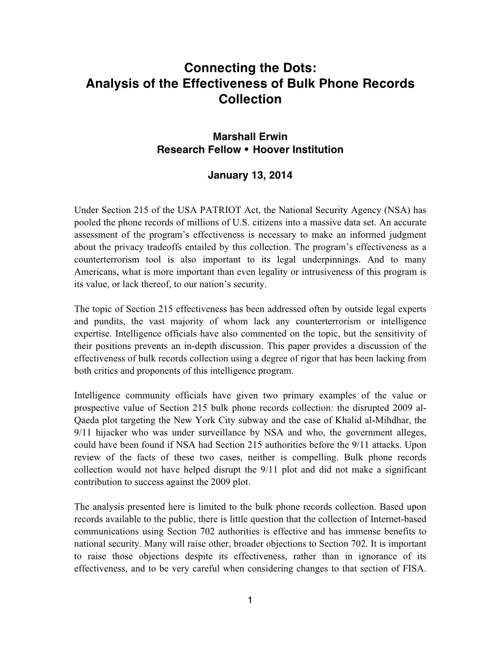 Connecting the Dots: Analysis of the Effectiveness of Bulk Phone Records Collection