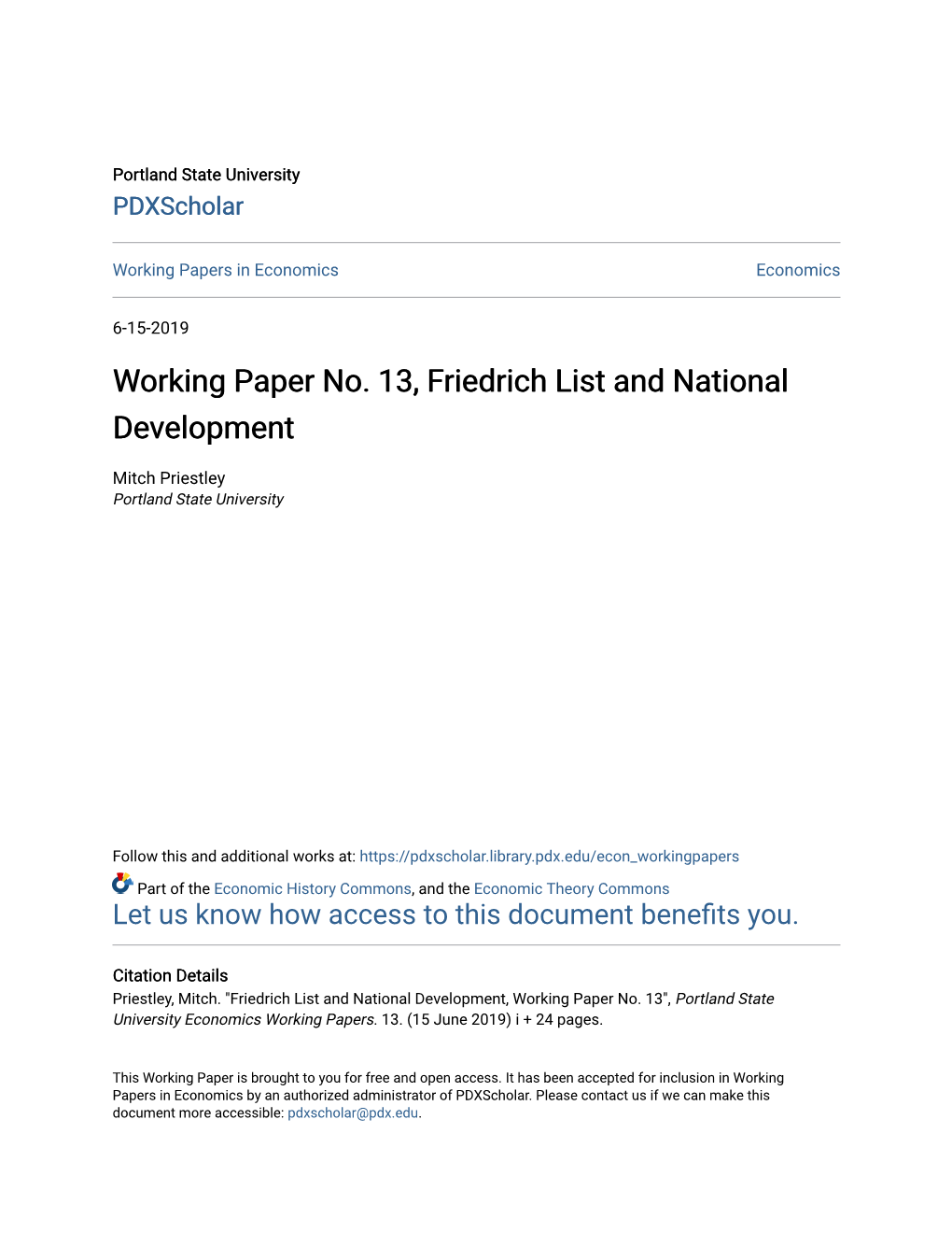 Working Paper No. 13, Friedrich List and National Development