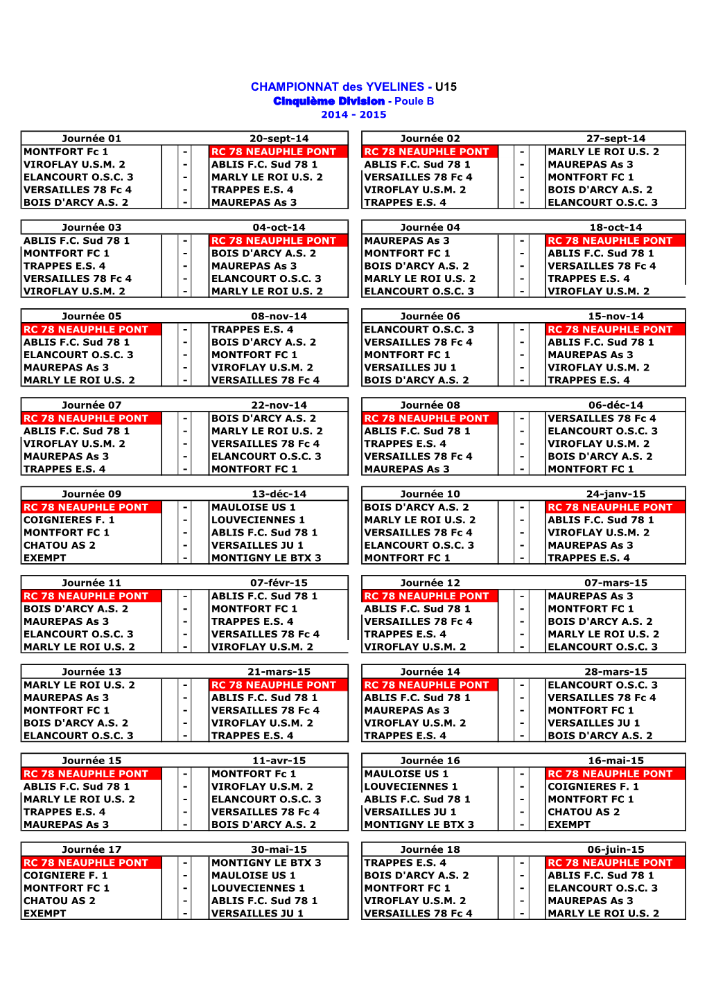 U15 Cinquième Division - Poule B 2014 - 2015