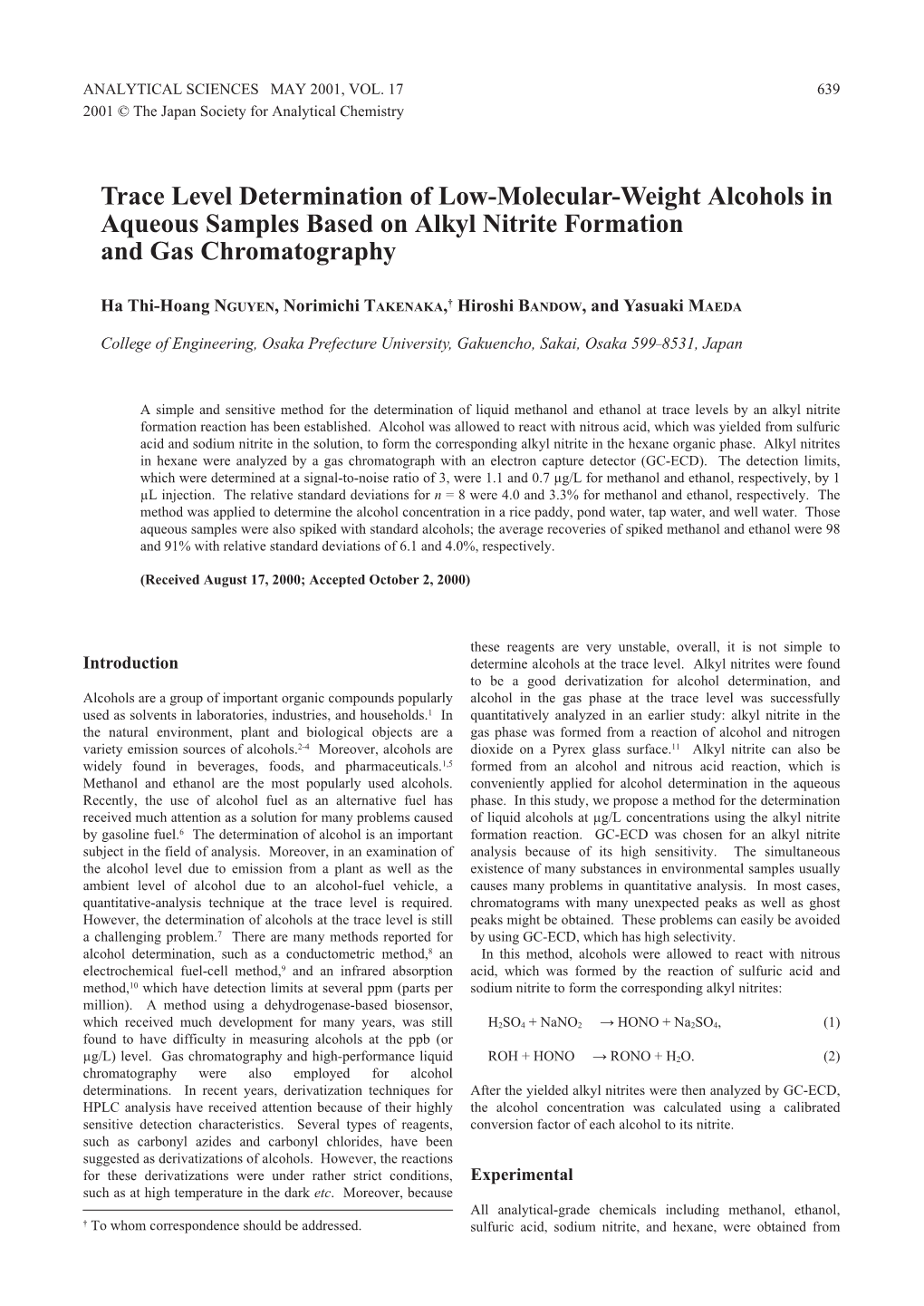 Trace Level Determination of Low-Molecular-Weight Alcohols in Aqueous Samples Based on Alkyl Nitrite Formation and Gas Chromatography