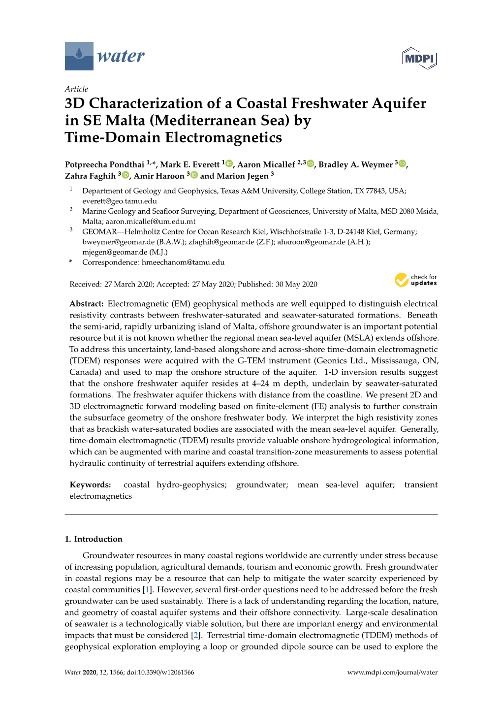 3D Characterization of a Coastal Freshwater Aquifer in SE Malta (Mediterranean Sea) by Time-Domain Electromagnetics