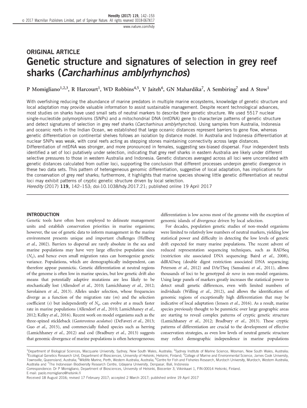 Genetic Structure and Signatures of Selection in Grey Reef Sharks (Carcharhinus Amblyrhynchos)