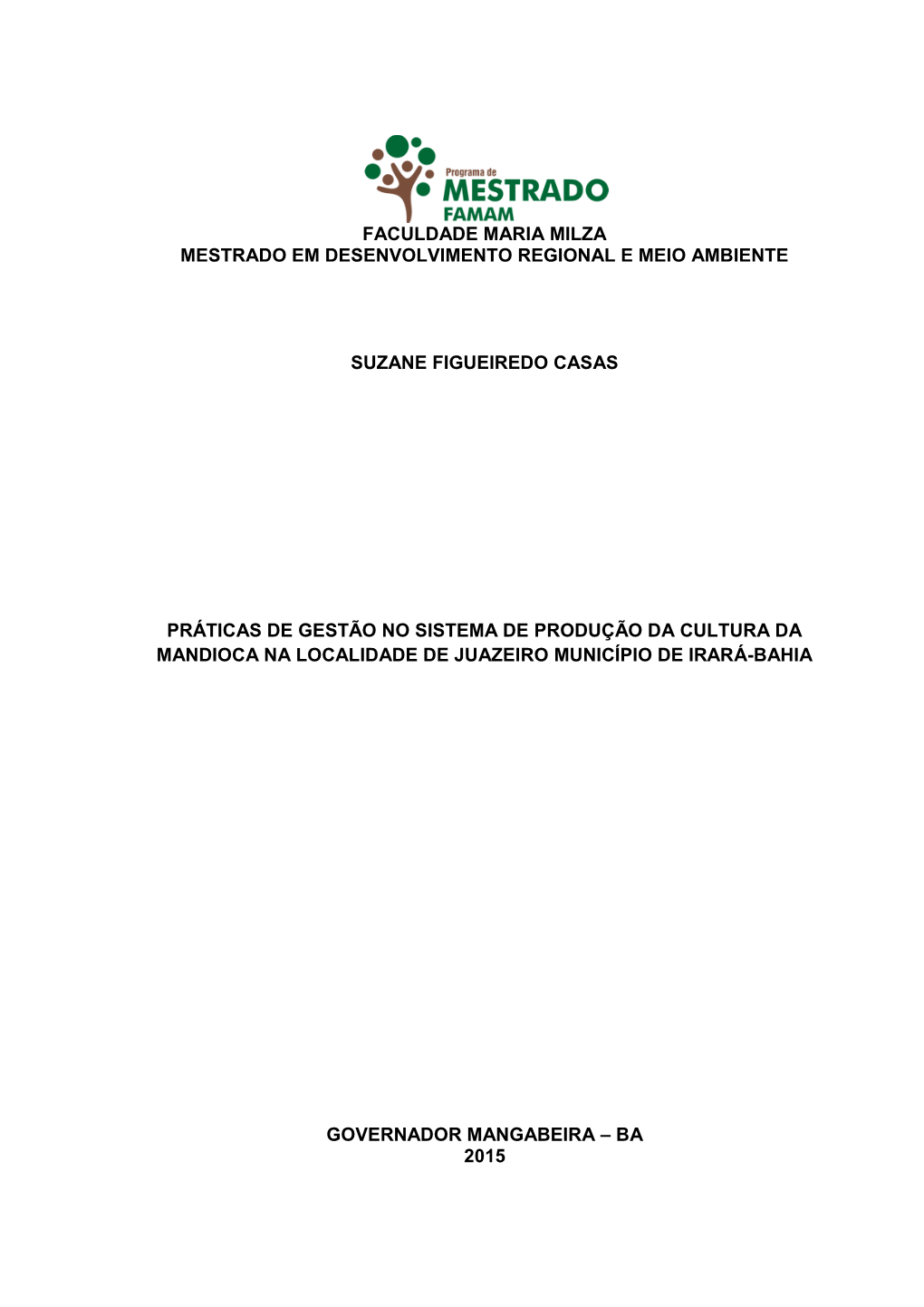 Faculdade Maria Milza Mestrado Em Desenvolvimento Regional E Meio Ambiente