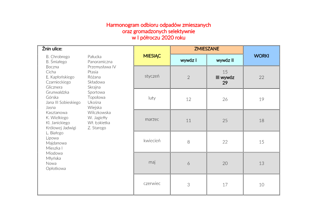 Harmonogram Odbioru Odpadów Zmieszanych Oraz Gromadzonych Selektywnie W I Półroczu 2020 Roku