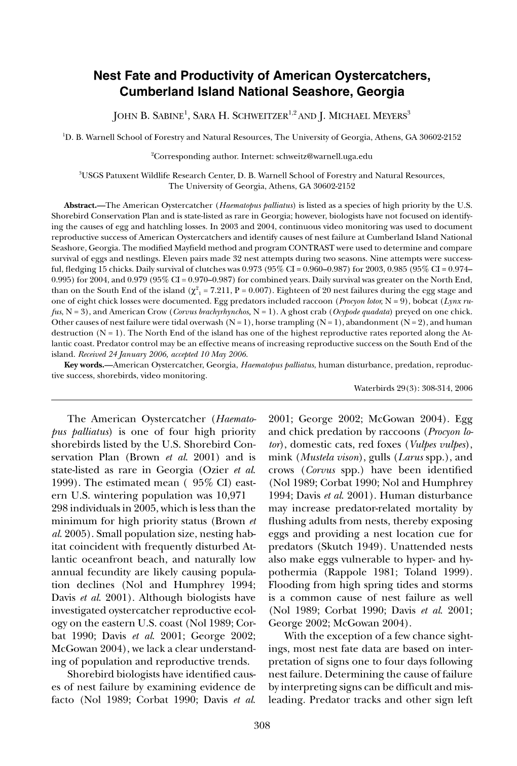 Nest Fate and Productivity of American Oystercatchers, Cumberland Island National Seashore, Georgia