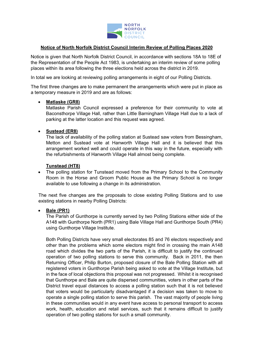 Notice of North Norfolk District Council Interim Review of Polling Places