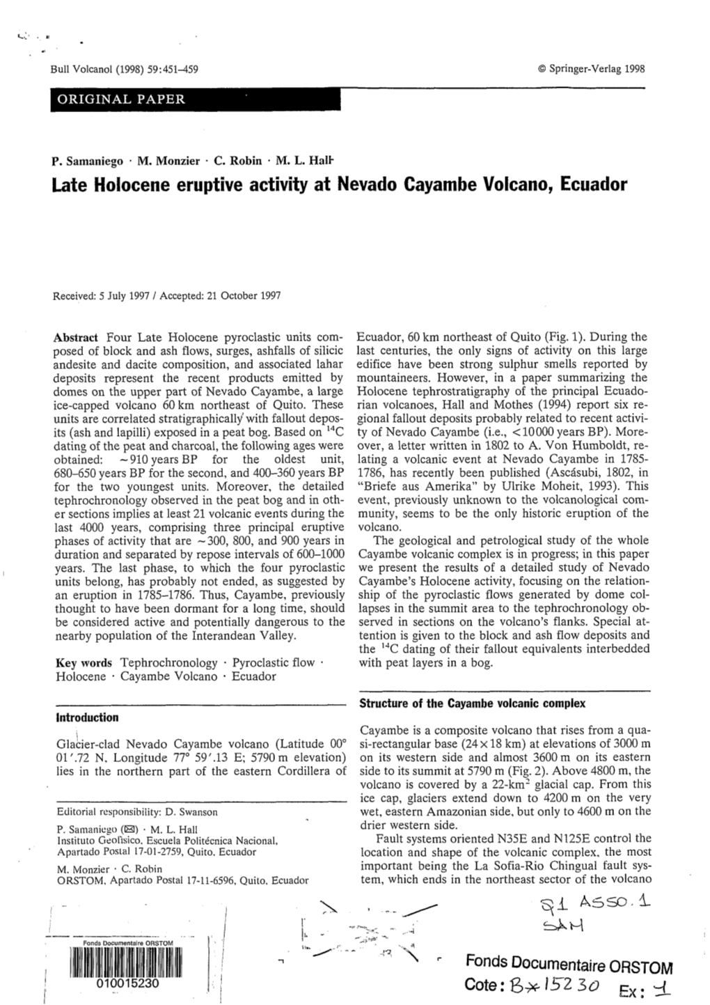 Late Holocene Eruptive Activity at Nevado Cayambe Volcano, Ecuador