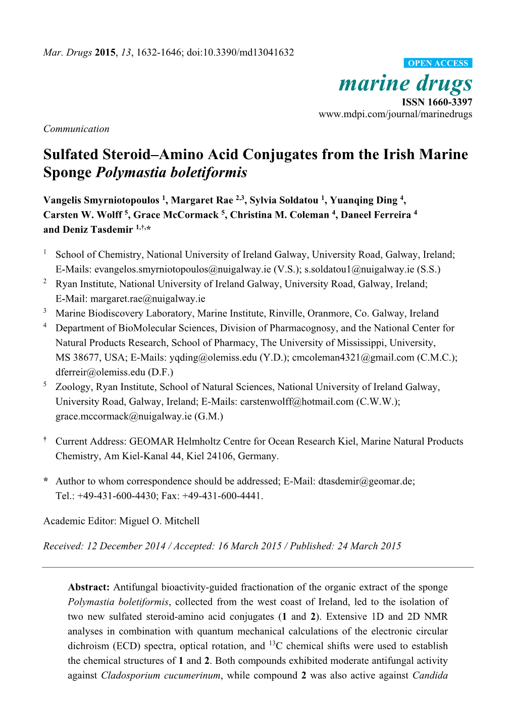 Sulfated Steroid–Amino Acid Conjugates from the Irish Marine Sponge Polymastia Boletiformis