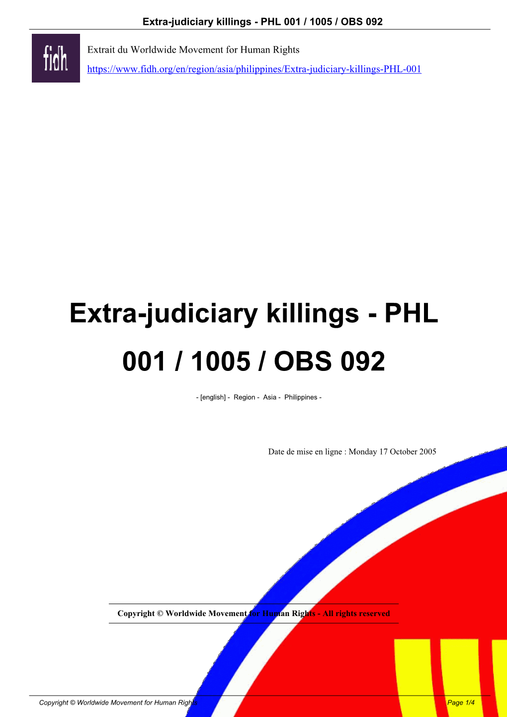 Extra-Judiciary Killings - PHL 001 / 1005 / OBS 092