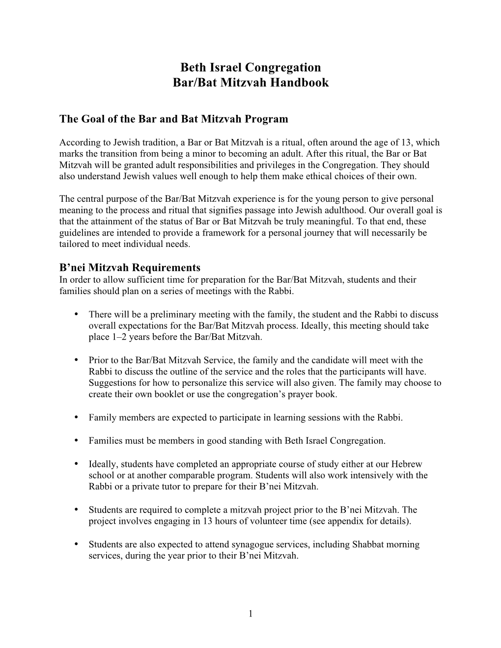 Beth Israel Congregation Bar/Bat Mitzvah Handbook