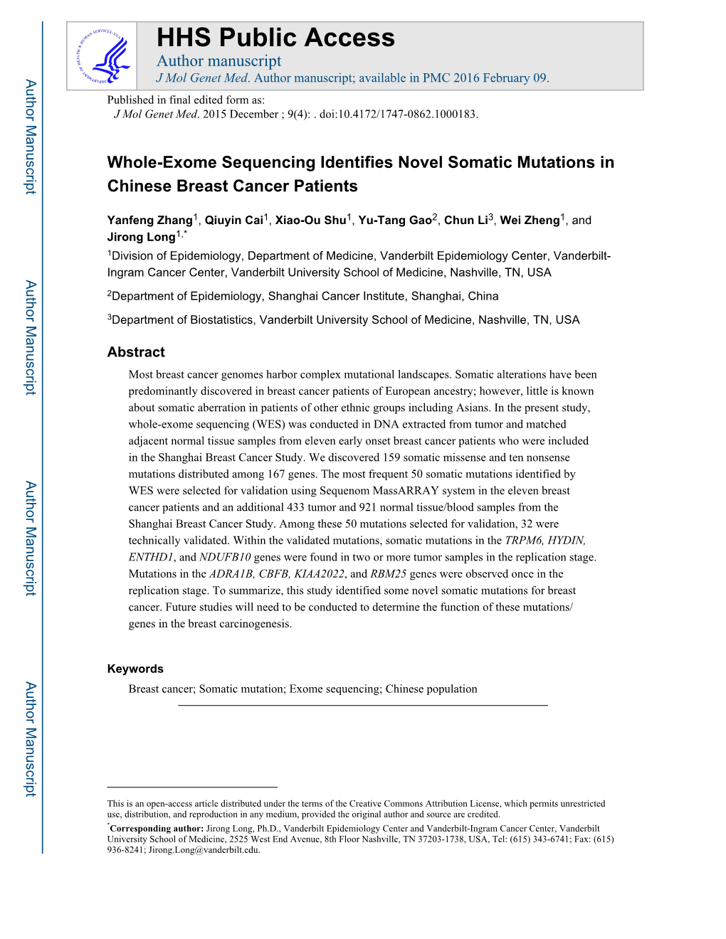 Whole-Exome Sequencing Identifies Novel Somatic Mutations in Chinese Breast Cancer Patients