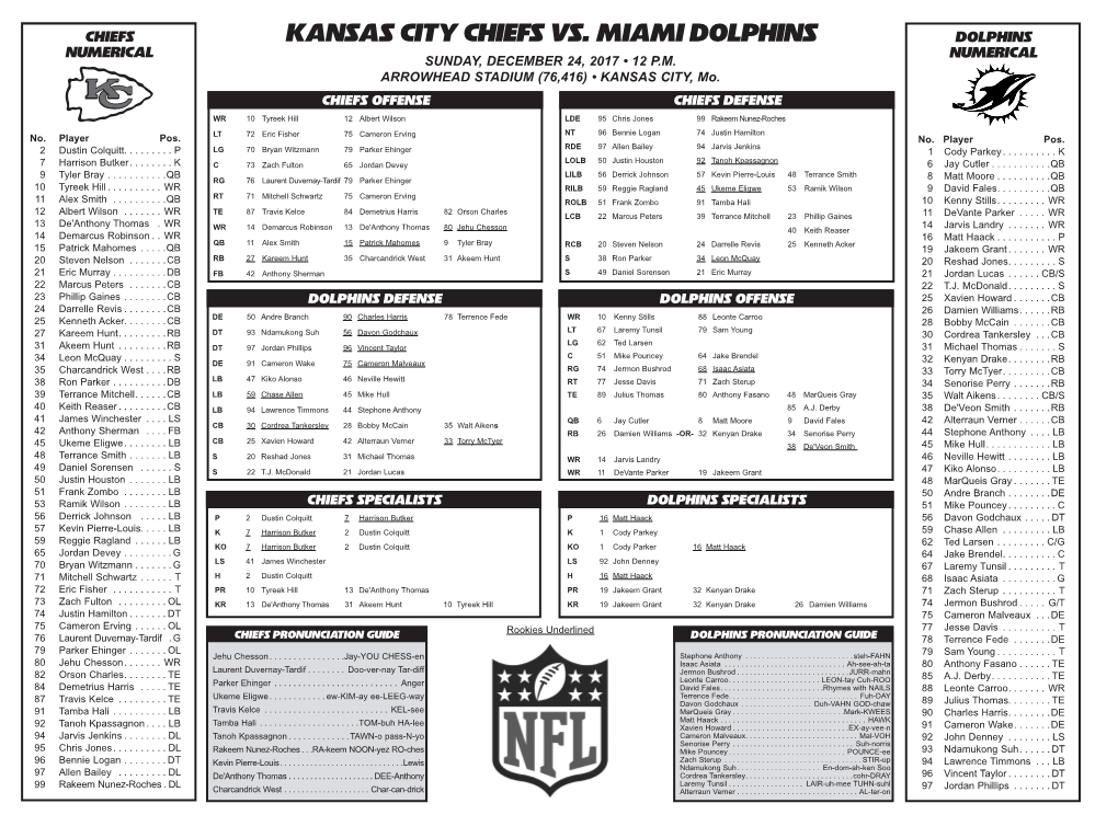 KANSAS CITY Chiefs Vs. Miami Dolphins Dolphins NUMERICAL NUMERICAL SUNDAY, DECEMBER 24, 2017 • 12 P.M