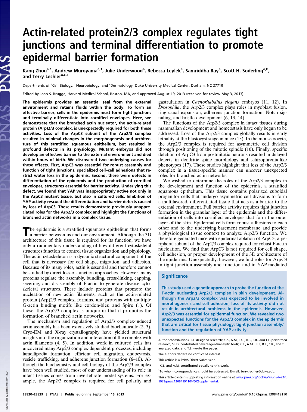 Actin-Related Protein2/3 Complex Regulates Tight Junctions and Terminal Differentiation to Promote Epidermal Barrier Formation