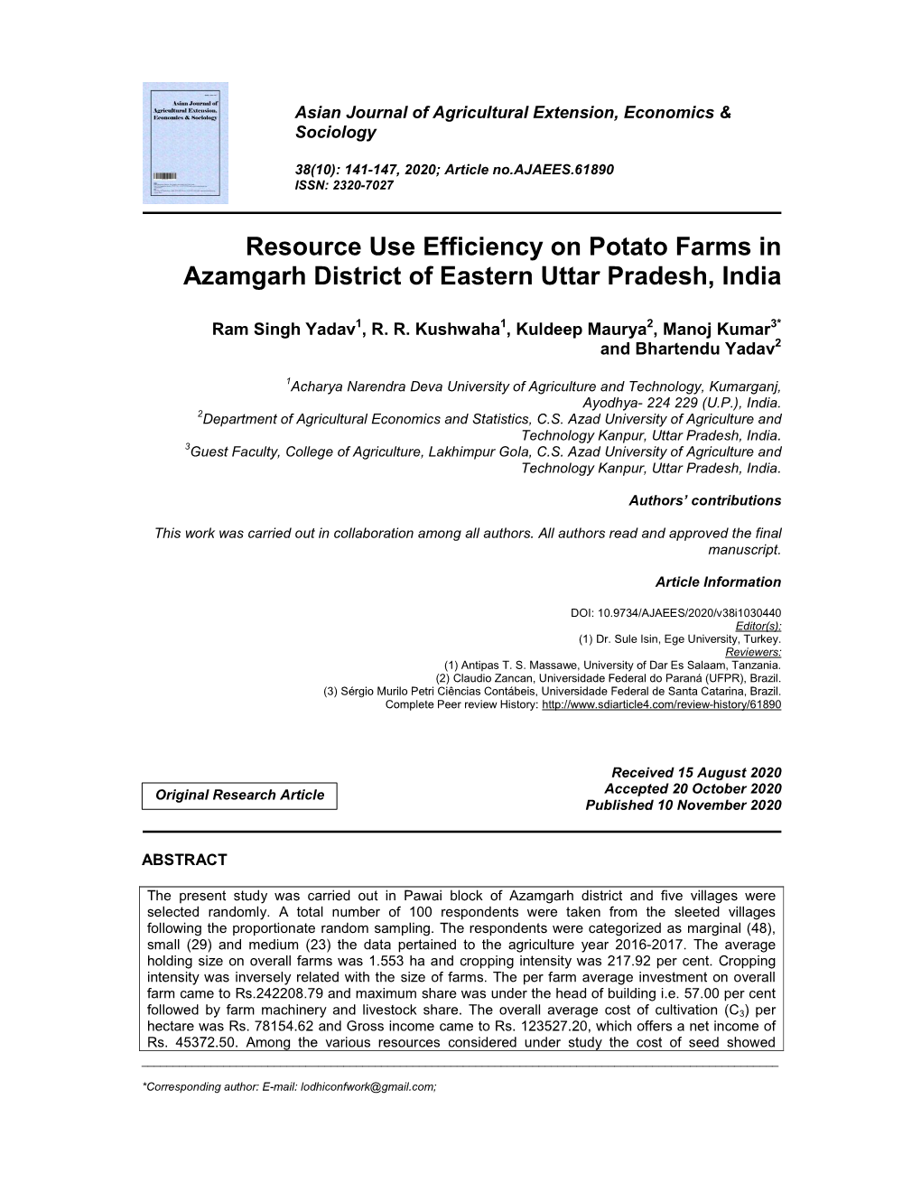 Resource Use Efficiency on Potato Farms in Azamgarh District of Eastern Uttar Pradesh, India