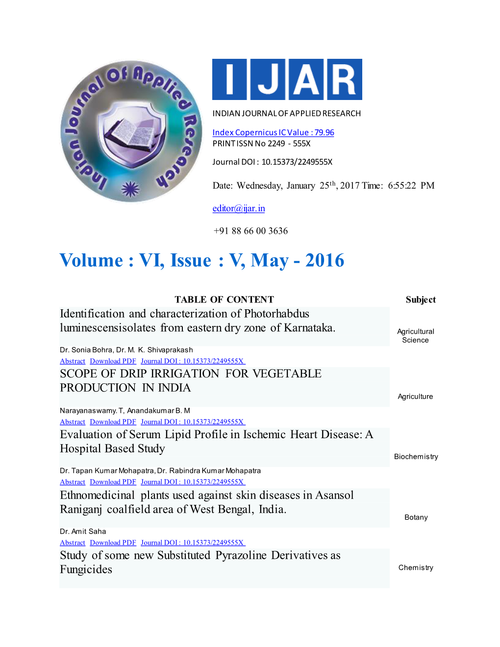 Volume : VI, Issue : V, May - 2016