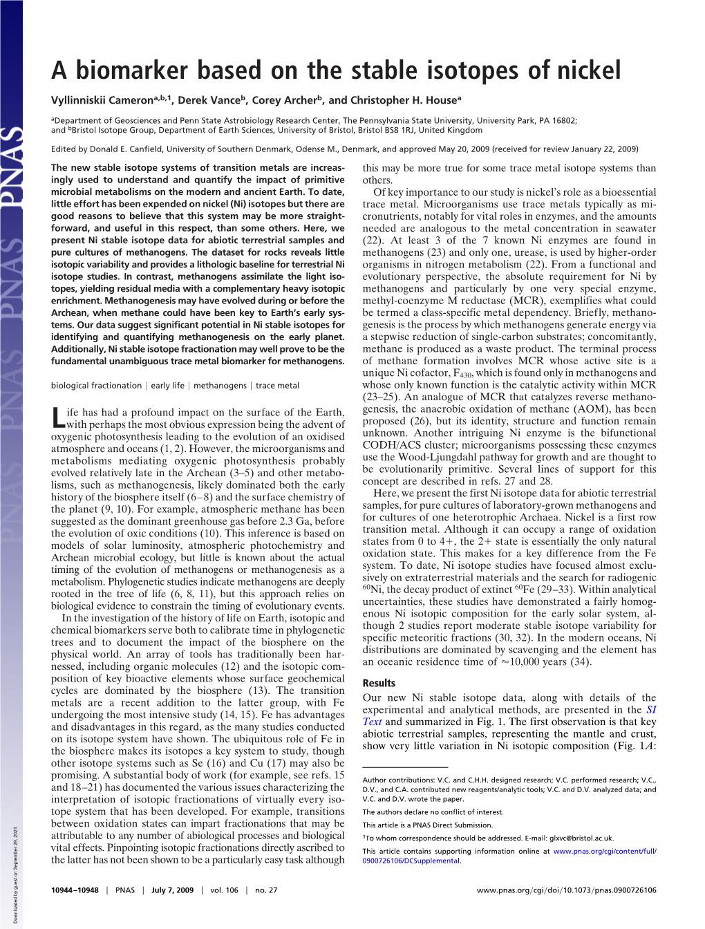 A Biomarker Based on the Stable Isotopes of Nickel