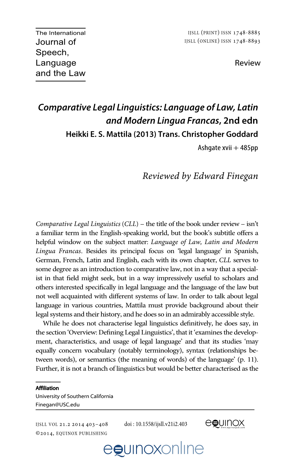 Comparative Legal Linguistics: Language of Law, Latin and Modern Lingua Francas, 2Nd Edn Heikki E